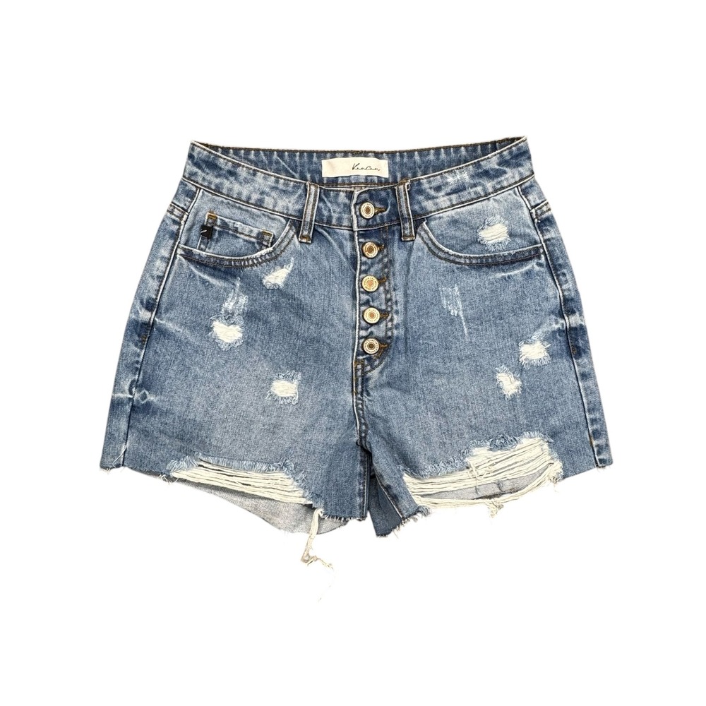 KanCan Denim Shorts S Blue Distressed High Rise Button Fly Raw Hem Cotton Casual